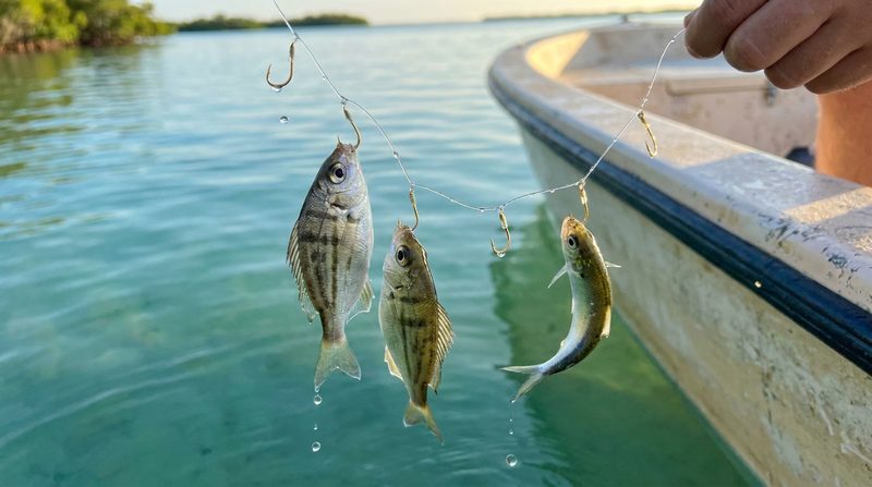 Three small baitfish hanging on gold sabiki hooks beside the gunwale of a skiff over clear shallow water