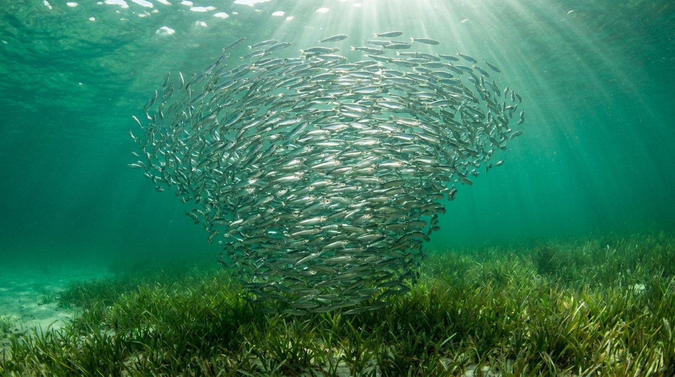 A whitebait school balled up over the grass — the throw target.