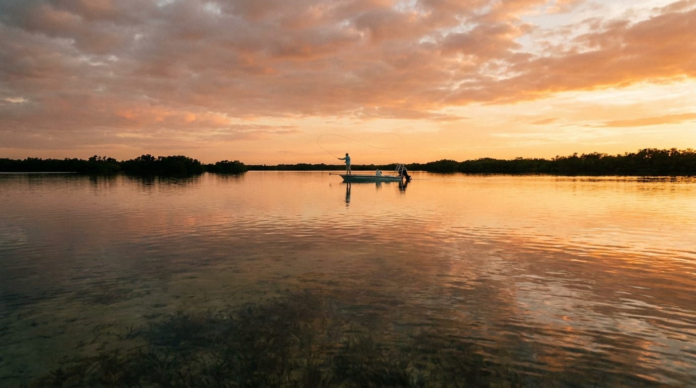 Fly casting a Sarasota flat at sunset