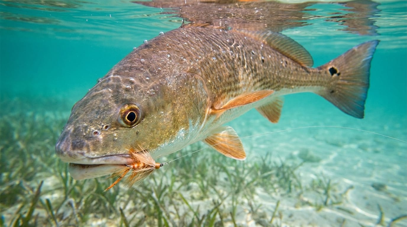 A redfish eating a shrimp fly in inches of clear water over grass — the whole sight-fishing game in one frame.