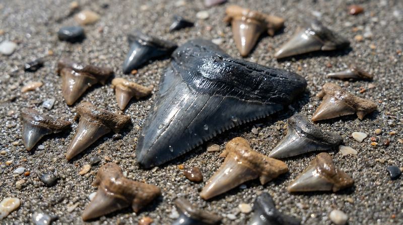 A handful of fossil shark teeth, black and grey, picked from a Venice shell bed