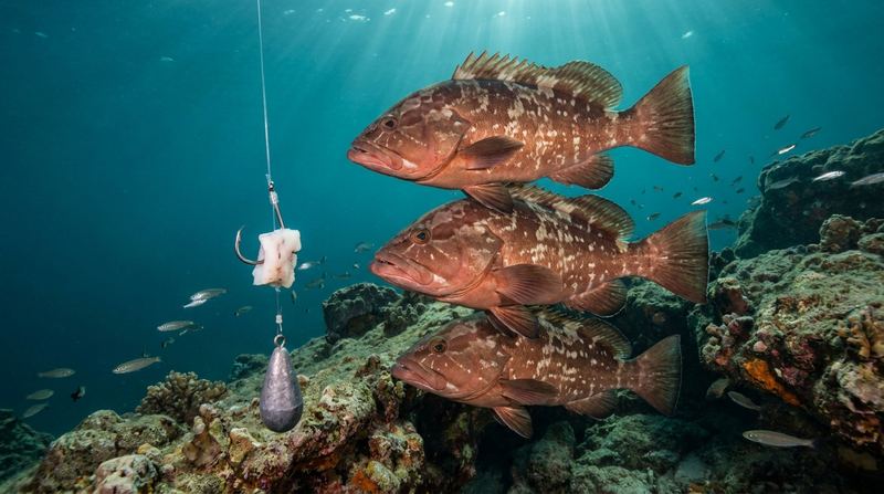 Red grouper stacked around a baited drop on hard bottom.