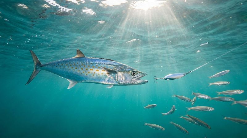 A mackerel chasing a trolled lure in blue water