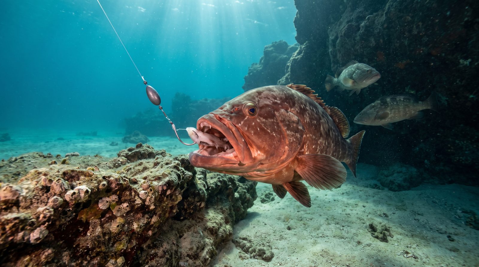 A big red grouper eating a squid-tipped hook on a knocker rig over a Gulf ledge