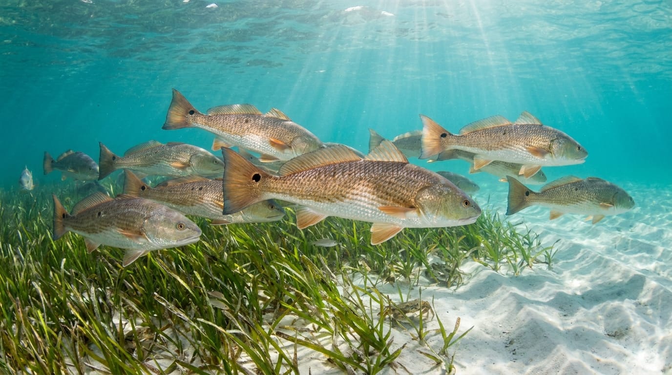 A school of redfish working a Sarasota grass flat, copper backs and tail spots over the seagrass