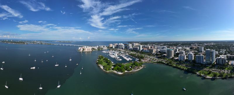Aerial view of Sarasota Bay and the Ringling Causeway, home water for eight kayak-range artificial reefs