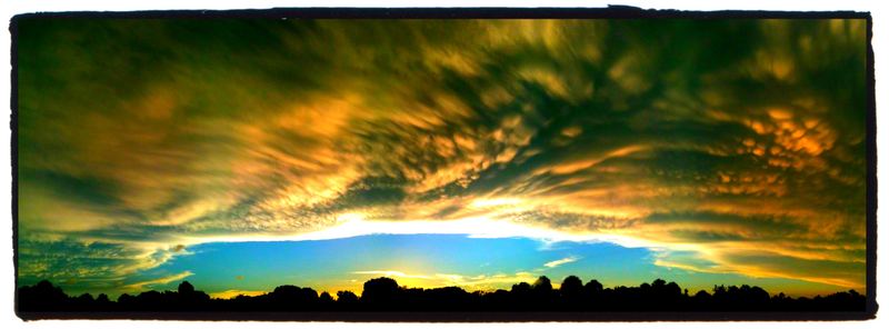 Teal and fire over the treeline.
