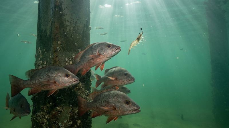 Mangrove snapper stacked under a bridge piling, eyeing a shrimp on the line
