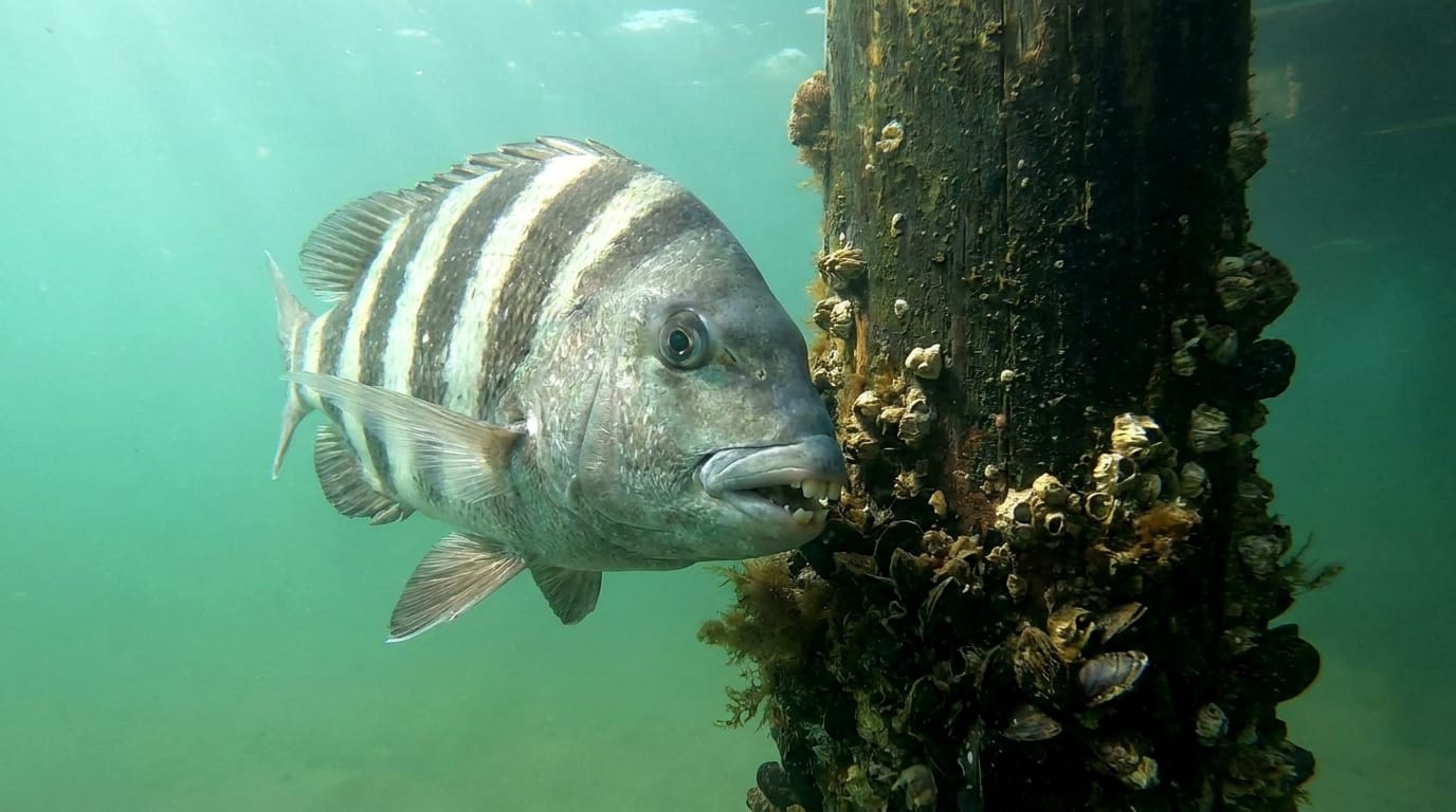A sheepshead working the barnacles on a dock piling, its black bars and human-like teeth visible