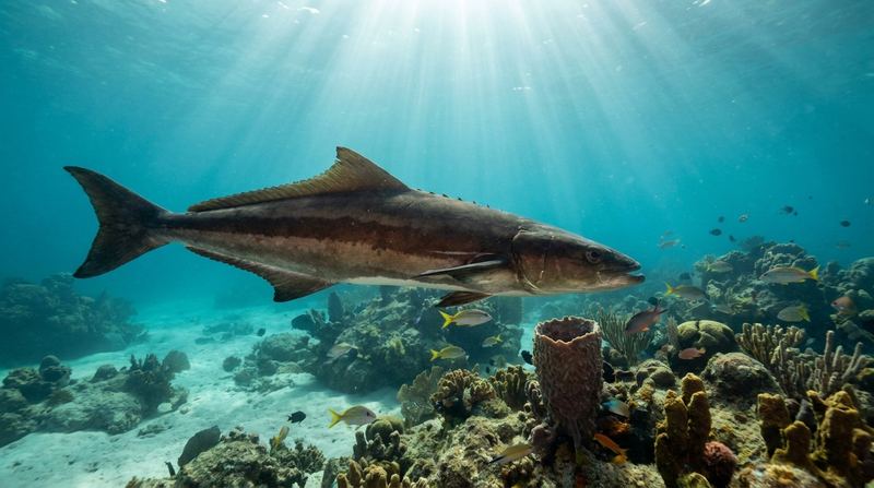 A cobia cruising a shallow reef — flat head, dark back, pale lateral stripe, sculling tail