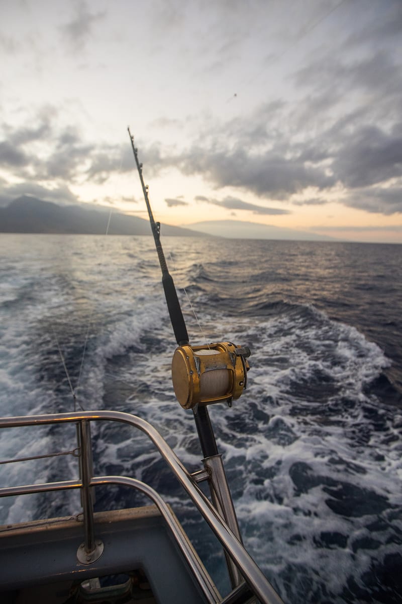 A conventional outfit in the holder, wake running out astern at first light.