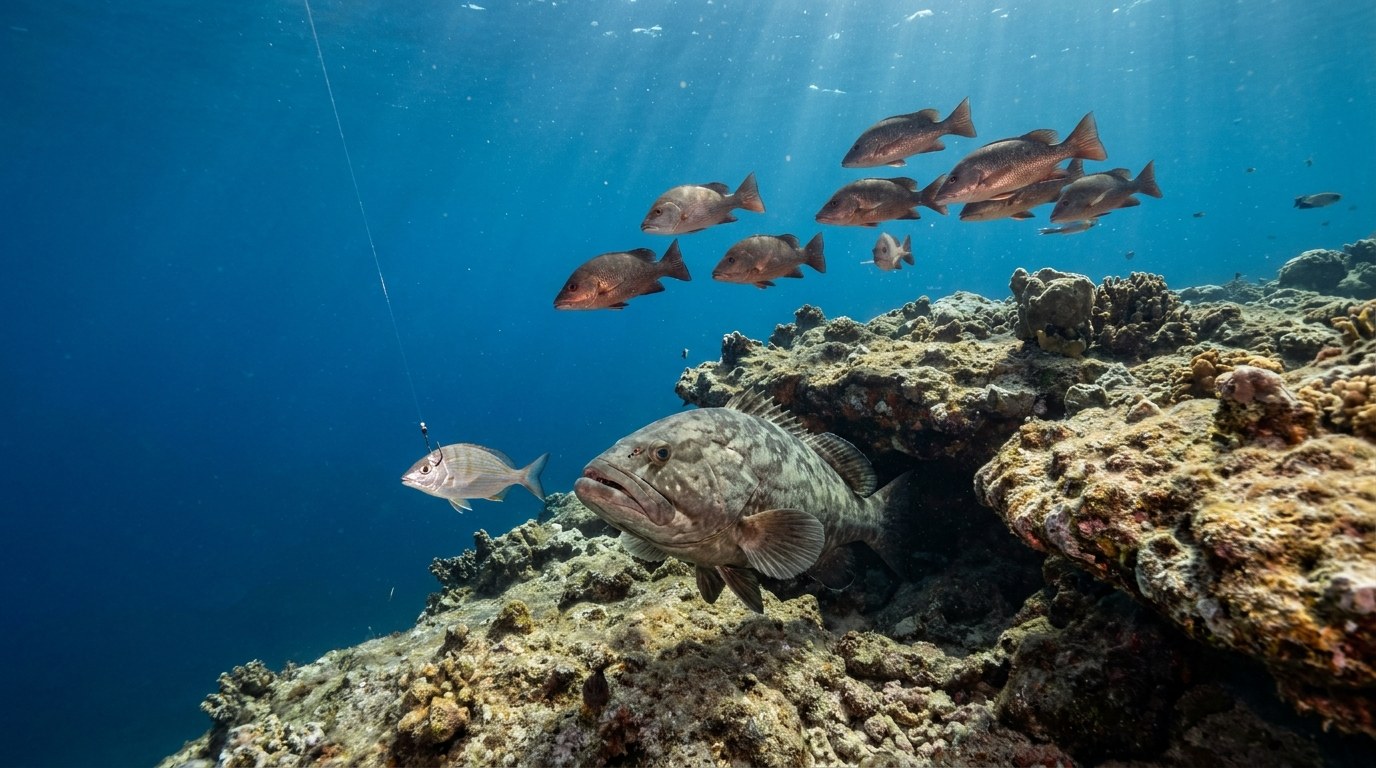 Structure fishing, from below: a gag grouper eases off a Gulf ledge as snapper stack above.