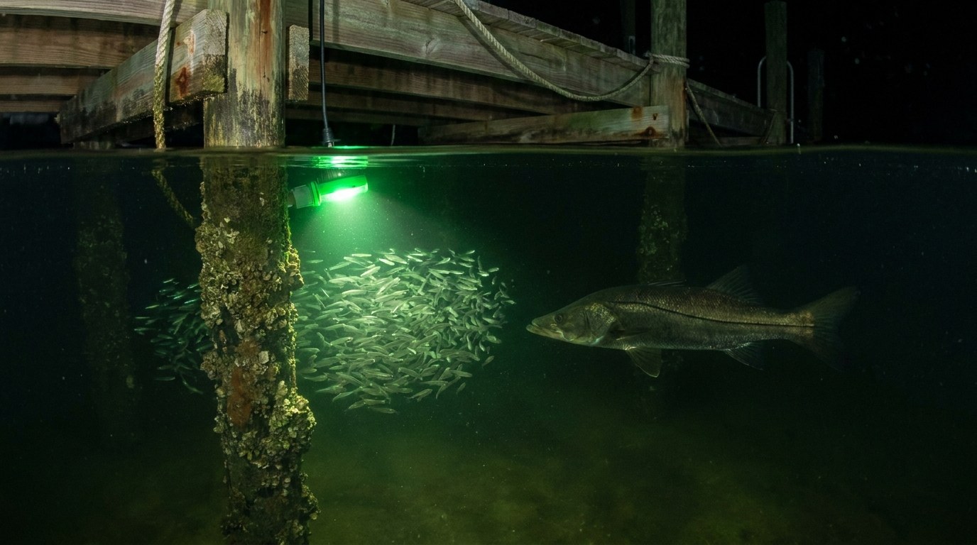 Under a dock light at night: glass minnows swarm the glow, a snook waits on the shadow line.