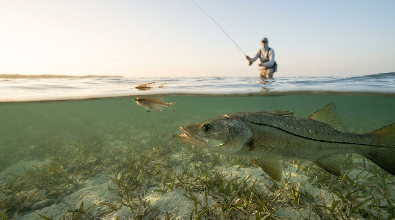 A snook rises to a baitfish fly in the surface film — the take a fly angler wades in for.