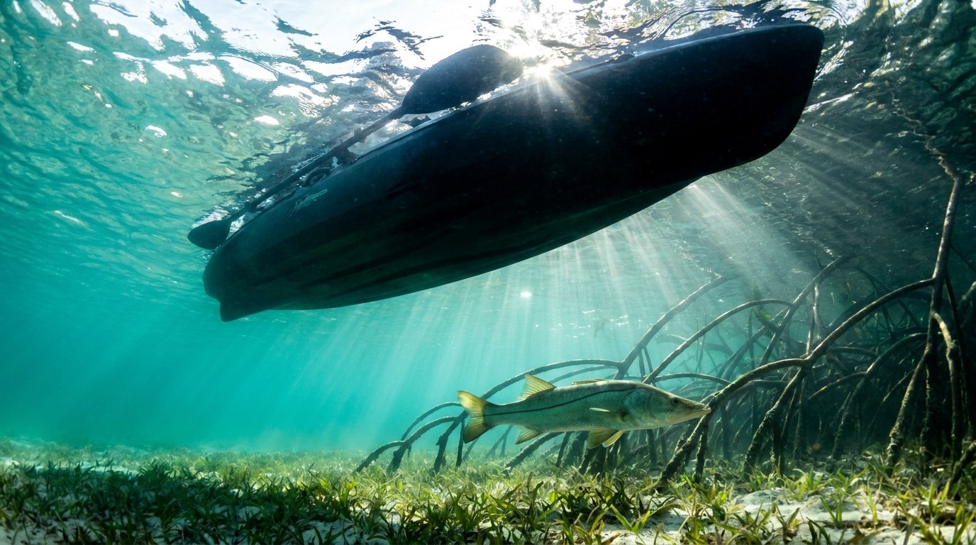 From below: a snook works a mangrove edge under the hull of a drifting kayak.