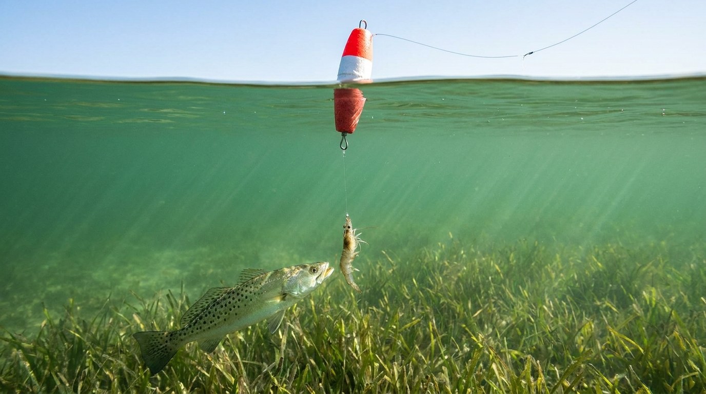 The rig from below: a shrimp suspended under the cork, a trout easing up to inspect it.