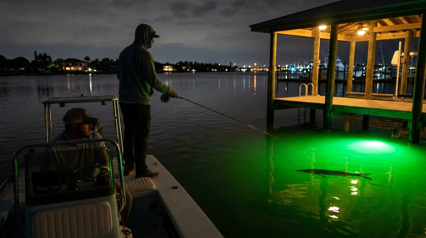 A snook lit up in a dock light at night, picked out before the cast