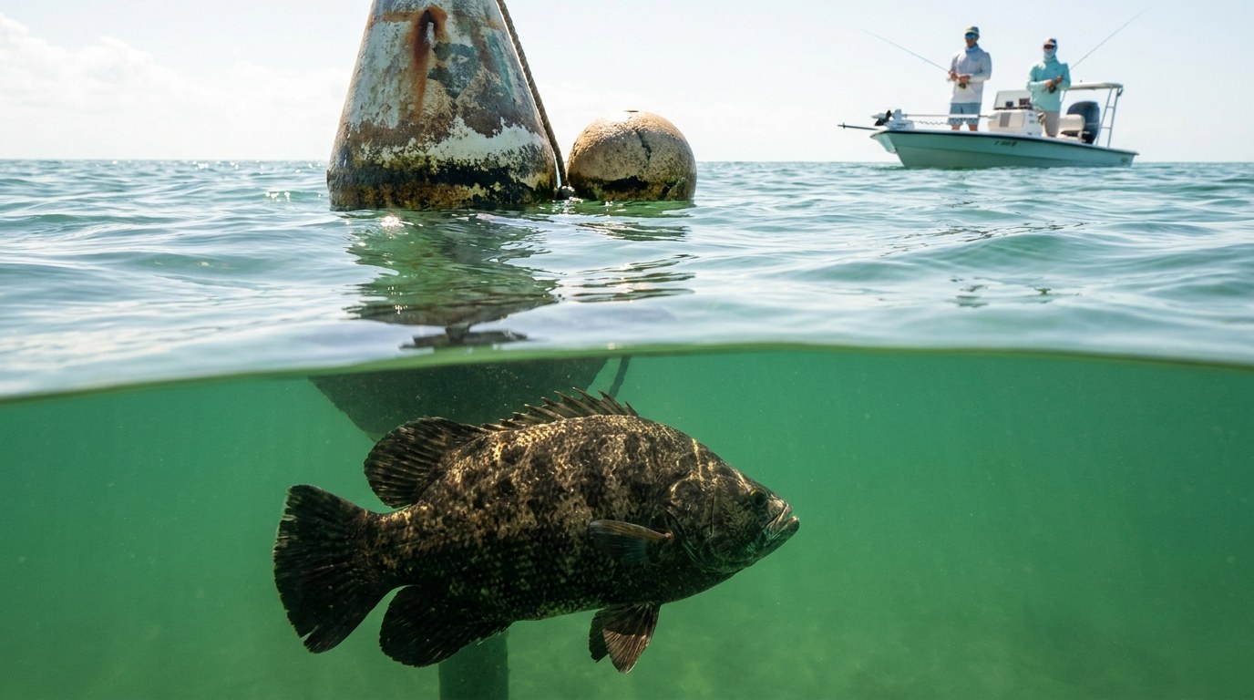 A tripletail hanging in the shade of a channel-marker buoy — run-the-floats sight fishing