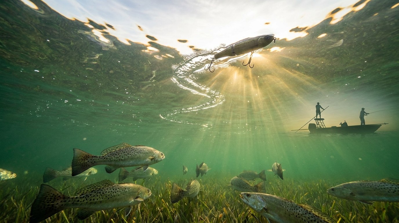 Looking up at a walk-the-dog plug as a school of trout rises off the grass to meet it.