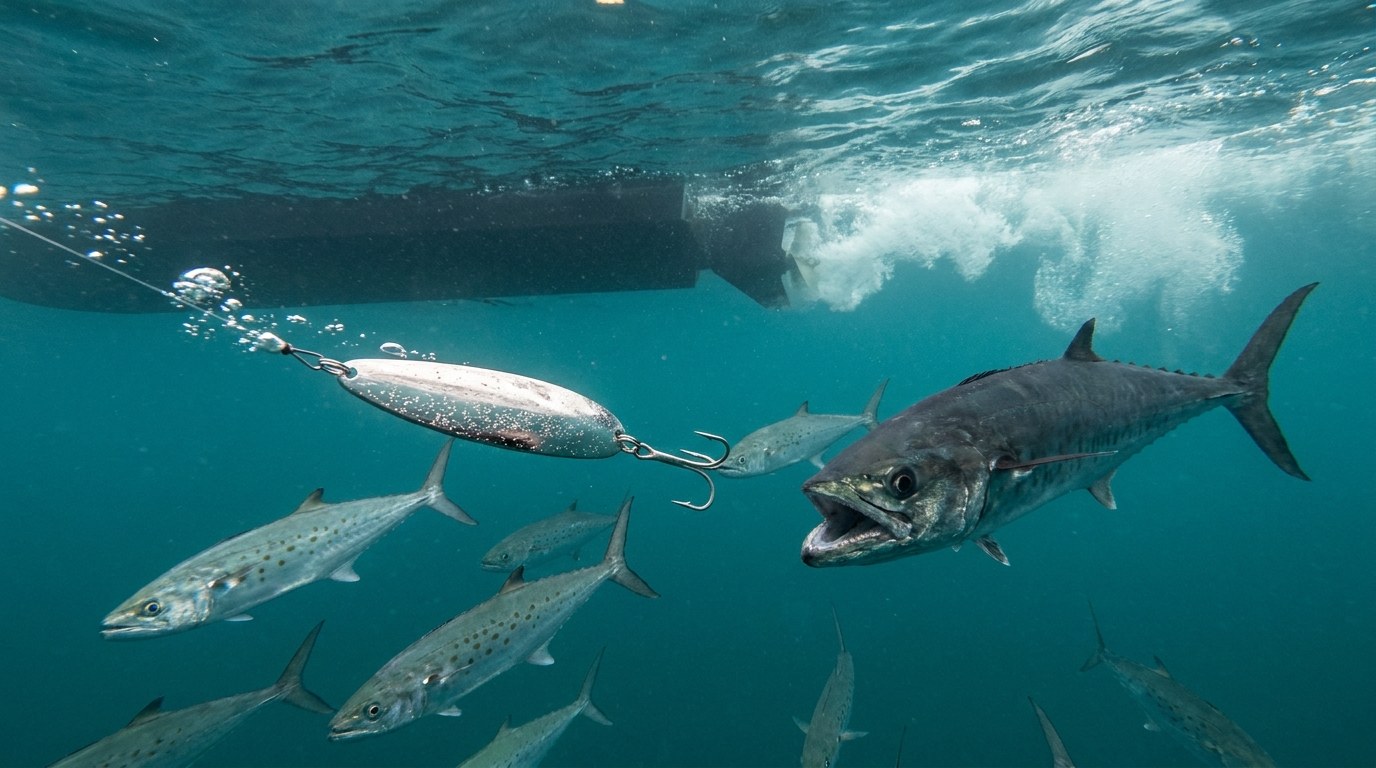 A spoon dragged behind the boat, a kingfish committing, Spanish mackerel stacked below.