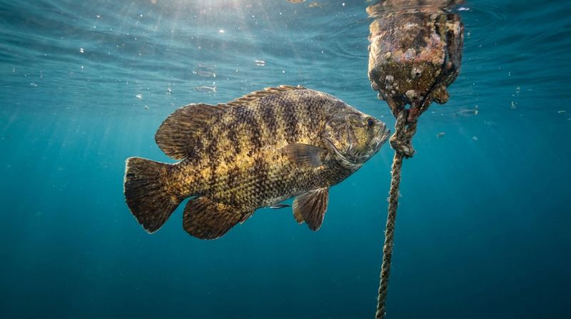 Illustration: a tripletail lying flat on its side beside a stone-crab buoy, camouflaged like a drifting leaf